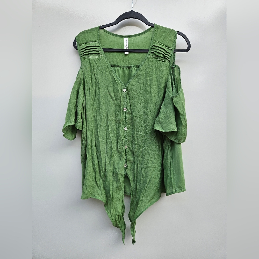 Green Tie Front Cold Shoulder Blouse